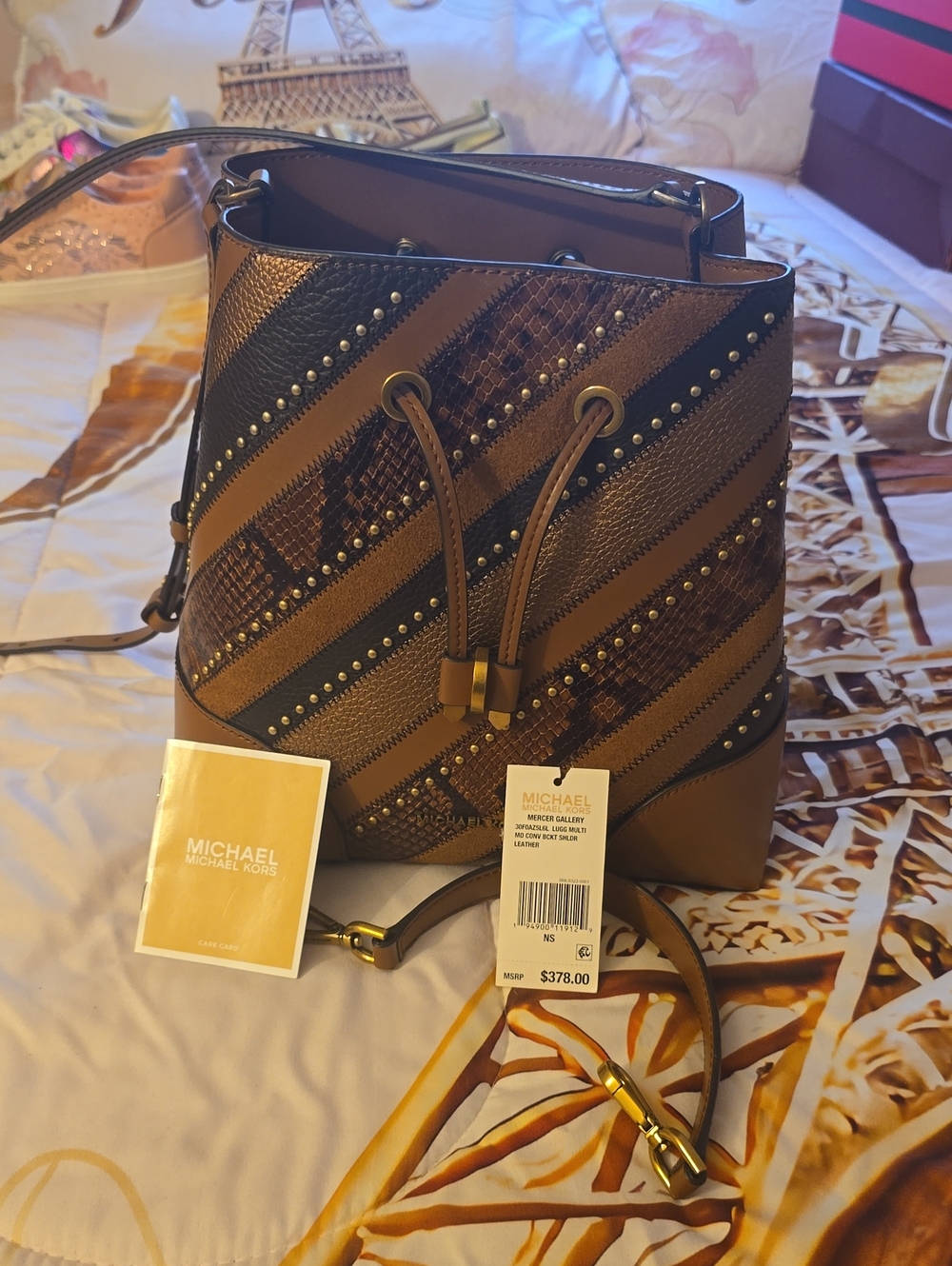 MICHAEL Michael Kors Brown and Black Striped Drawstring Bucket Bag NWOT .